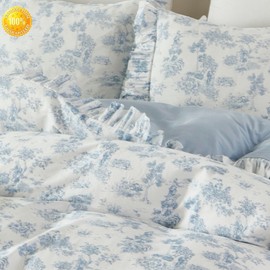 Brandream French Country Toile Queen Duvet Cover Set for Girl Women Bedroom Vintage Blue Toile Floral Print 100% Cotton Duvet Quilt Comforter Cover Pillow Shams Set with Delicate Ruffle Fringe