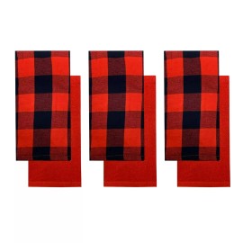 Bee & Willow Buffalo Plaid Kitchen Dish Towels Set of 6, Red Black, Cotton, Bee & Willow
