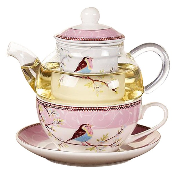 Jusalpha Glass Teapot with a Fine China Infuser Strainer, Cup and Saucer Set,Teapot and Teacup for One, Tea for one #05 (Pink)