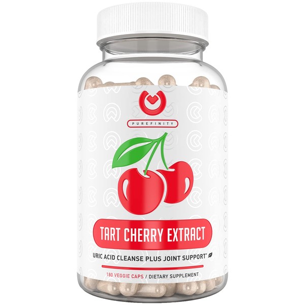 PUREFINITY Tart Cherry Capsules - Max Strength 3000mg | 6 Month Supply - Advanced Uric Acid Cleanse, Powerful Antioixidant w/Joint Support - 180 Vegetable Capules.