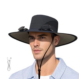 MSCGLYXGS Solar Fan Hat with Removable Dual Fans – Wide Brim Cooling Cap with USB & Solar Charging, 3-Speed Adjustable, Black, One Size for Men & Women