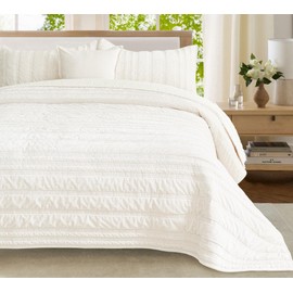 COCOPLOCEUS 3 Pieces Luxurious Velvet California King Quilts Set 106x118 Ruched Bedspread Coverlet Quilted Bedding Set with 2 Pillow Shams 20x36 Ultra Soft Comforter for All Season, Cream White
