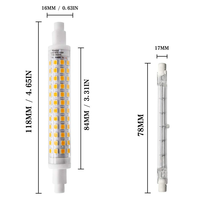 R7S LED 118mm Dimmable, 10W Soft White (3000K) 1000lm 108pcs
