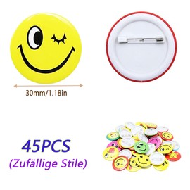 Pack of 45 Smiley Face Badges, Metal Smile Face Button Pins, Smiley Badge Safety Pin Decoration of Costumes, Smiley Pin DIY Clothing Accessories for T-Shirts, Backpacks (Random Styles)