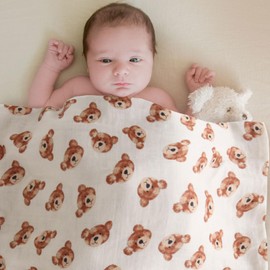 LifeTree Muslin Baby Swaddle Blankets, Boys Girls Muslin Swaddling Wrap Receiving Blanket for Newborn, 70% Viscose from Bamboo and 30% Cotton, Large 47" x 47", Bear Head Pattern
