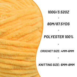 Fluffy Chenille Yarn for Crocheting, Chunky Velvet Yarns for Crochet Amigurumi, Baby Yarn for Crocheting Soft Blanket, 87.4yds /3.5 oz Bulky Yarns for Crafts/Hats/Shoes/Socks (Golden Yellow)