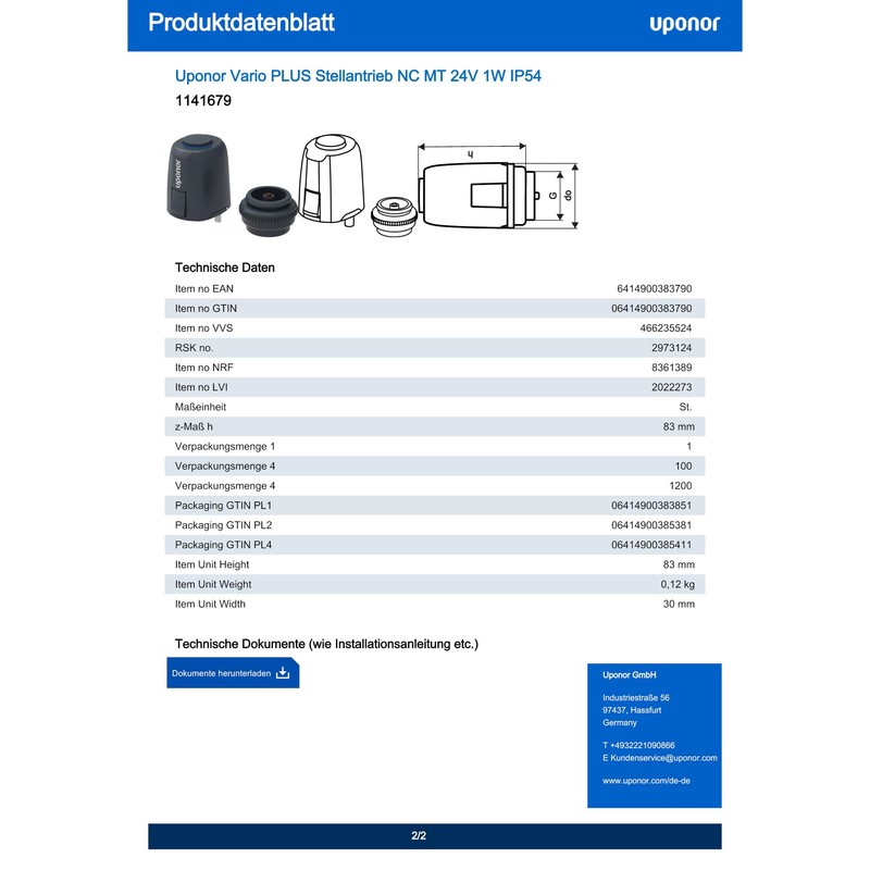 Uponor Vario Actuator NC MT 1W IP54 24 Volt (1141679)