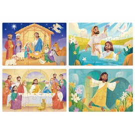 MoinKidz Bible Themed 4-in-1 Wooden Jigsaw Puzzles in Box, 15 Piece Each, Christian Religious Nativity Toys for Kids, Easter Christmas Puzzle for Kids (New Testament)