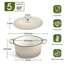 P&P CHEF 5-Quart Enameled Dutch Oven Pot, 5 Qt Cast Iron Dutch Oven with Lid, Enamel Cooking Pot Cookware for Braising, Roasting, Bread Baking, Oven & Stove Safe (Khaki)