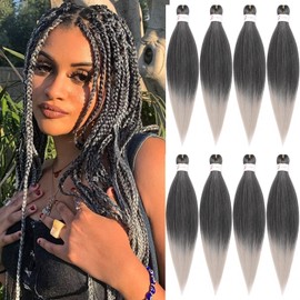 Ombre Silver Braiding Hair Pre stretched 8 Packs 18 Inch Braiding Hair Yaki Texture Pre stretched Hair For Braiding Synthetic Hair Extension Itch Free Hot Water Setting(18", T1B/Silver#)