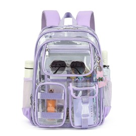Lroiutian Clear Backpack for School Girls Boys Heavy Duty Transparent Backpack with Multiple Pockets, Lightweight PVC See Through Bookbag for Students-Light Purple