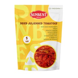 Sunbest Natural Julienned Sun-Dried Tomatoes – 5 lb Bulk Bag (80 oz) – Intense & Zesty Flavor – Moist & Ready to Eat – Vegan, Kosher, Non-GMO – Perfect for Snacking & Recipe Enhancing
