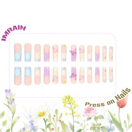 IMRAIN Flower Press on Nails Long Square Fake Nails Colorful Spring Floral False Nails with 3D Purple Butterfly Designs Matte French Nails Tips Glue on Nails Full Cover Acrylic Stick on Nails