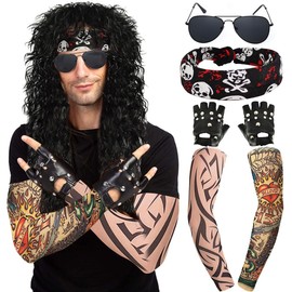 80s Disco Rocker Costume for Men Including Wig Sunglasses Punk Gloves Tattoo Sleeves Hat Headband for Punk Cosplay