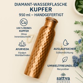 Sattva Ayurveda Copper Water Bottle 950 ml - Diamond Design - 99.94% Pure Copper - Ayurvedic Water Bottle - Handmade & Leak-Proof - Detox - No Plastic