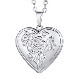 Suplight Women's Locket Necklace, Memorial Locket with Picture, Platinum Retro Vintage Rose Flower Heart Shaped Image Photo Locket Pendant Necklace for Girsl