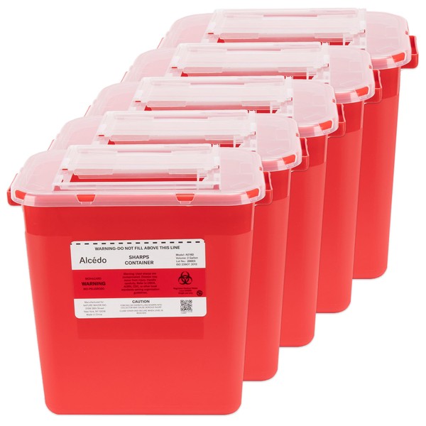 Alcedo Sharps Container for Home Use 2 Gallon (5-Pack), Biohazard Needle and Syringe Disposal, Professional Medical Grade