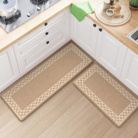 LEEVAN Kitchen Mats Cushioned Anti Fatigue Non Slip Waterproof Floor 2 Piece Tan Memy