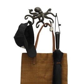 ChasBete Octopus Coat Hooks for Wall, Rustic Cast Iron Key Holder, 22.5cm Heavy Duty Door Hook with 6 Tentacles - Black