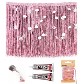 Yhsheen - Borde de flecos con purpurina rosa con lentejuelas brillantes, ribete de flecos de 2 x 7.8 pulgadas de largo por el patio con pegamento B7000, borlas para manualidades para coser ropa
