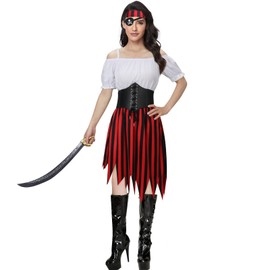 HanaHola 5 pcs Women Pirate Costume Cosplay Renaissance Blouse Tops Corset Waist Belt Pirate Skirt Stripes Headscarf Eye Patch Outfit (White, X-Large)