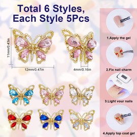 SUNNYCLUE 1 Box 30Pcs Butterfly Nail Charms Colorful Rhinestone Butterfly Nail Gems Small Metal Butterflies Nail Art Charm Blue Pink Clear 3D Shiny Nails Rhinestones for Finger Nails Acrylic Nail