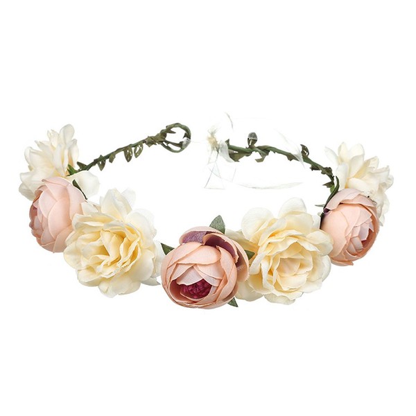 June Bloomy Women Rose Floral Crown Hair Wreath Leave Flower Headband with Adjustable Ribbon (Champagne)