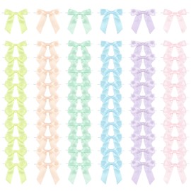 LIZLOVESS 6 Colors Pre-Tied Pastel Satin Ribbon Bows for Crafts 3.5" Small Pastel Rainbow Twist Tie Bows Decor for Coquette Birthday Party Decorations, Wedding, Gift Wrapping, Treat Bags (60 Pack)