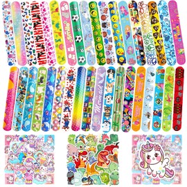 Seamart 24 Snap Bracelets Children + 50 Stickers, Colourful Bracelets with Animal/Space/Dinasour/Unicorn/Mermaid, Snap Bracelets, Party Bags, Children's Birthday Party Favours, for Children, Boys and