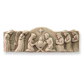 Carruth Studio, Away in The Manger Nativity Wall Plaque Figurine, Original Sculpture Handcrafted in Stone, Artisan Made