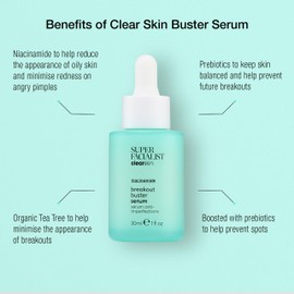 Super Facialist Breakout Buster Serum - Clear Skin Solutions, Spot Treatment for Acne with 10% Niacinamide, Tea Tree Oil & Prebiotics, Vegan Friendly 30ml