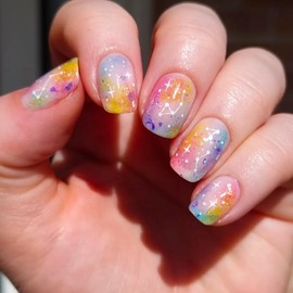 24 Pcs Extra Short Press On Nails Square,YEFIUO Summer Fake Nails Press ons Nail Art Tip Acrylic Nail Kit Glue on Nails Full Cover False Nail with Colorful Smudge Starry Sky Glossy Design for Ma'am