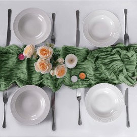 Peomeise Sage Green Cheesecloth Table Runner 10 Pack，17x108 Inches Boho Gauze Fabric Table Runner for Baby Shower Decoration Wedding Party