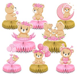 8Pcs Pink Teddy Bear Themed Honeycomb Centerpieces 3D Table Toppers, Double Sided Printed We Can Barely Wait Table Centerpieces Decorations for Kids Birthday Party and Baby Shower Party Decor Favors