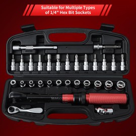 Hairich 1/4-Inch Drive Torque Wrench,30PCS Bike Torque Wrench with 1/4 Ratchet Wrench Set, 0.1 Nm Micro, 2.3-24.9 N.M(20-220IN.LB),1/4 Ratchet Wrench, Extension Bar, Sockets for Bicycle