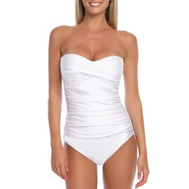 RELLECIGA Women's White Ruched Neck Halter Twist Bandeau One Piece Swimwear Bathing Suits Size Large