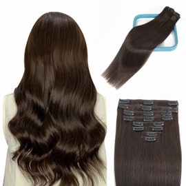 LORIEN Clip in Hair Extensions Real Human Hair 105g Clip in 100% Human Hair Extensions Straight Brazilian Remy Human Hair Dark Brown 8pcs Per Set with 18Clips Double Weft (20 Inch, #2 Dark Brown Color)
