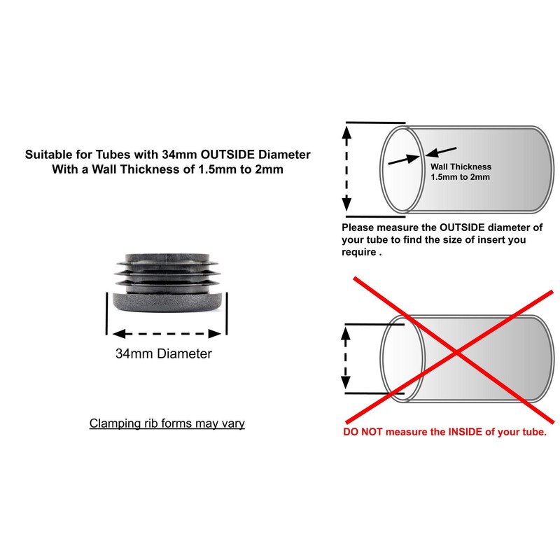 34mm Plastic End Caps, Black Round Tube Inserts, Pack of