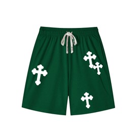 VIPWOLF - Pantalones cortos con estampado de cruz para hombre, estilo gótico, con cordón en la cintura, Verde oscuro, X-Large