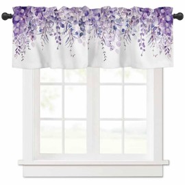 Anzona Curtain Valance 42" x 12", Purple Eucalyptus Leaves Window Valances Rod Pocket Curtains Drapes, Spring Floral Summer Botanical Short Topper Curtain for Kitchen Cafe Living Room, 1 Panel