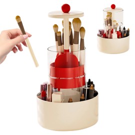 Dayinkes Makeup Brush Holder with Lid, Rotating Makeup Organizer Press Pop-Up 360° Rotation Cosmetic Storage, Thick Abs Material for Vanity/Office/School/Dorm Room (Red)