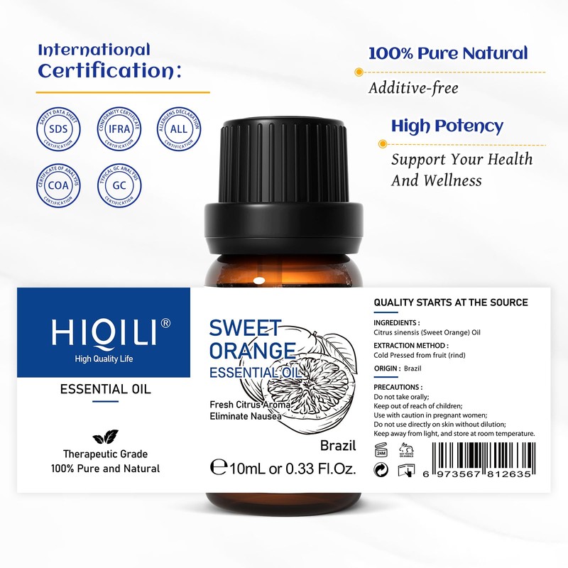 HIQILI Sweet Orange Essential Oil,100% Pure Natural for Diffuser, Aromatherapy-10ml