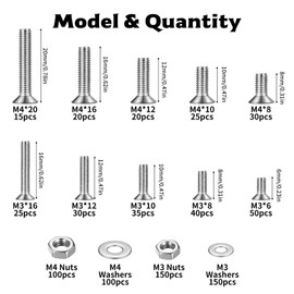 790 Piece M3 M4 Screws Set, Countersunk Screws Nuts Set, Flat Head Screws and Nuts Set, Phillips Machine Screws Assortment Kit with Washers Set (Silver, M3 M4)