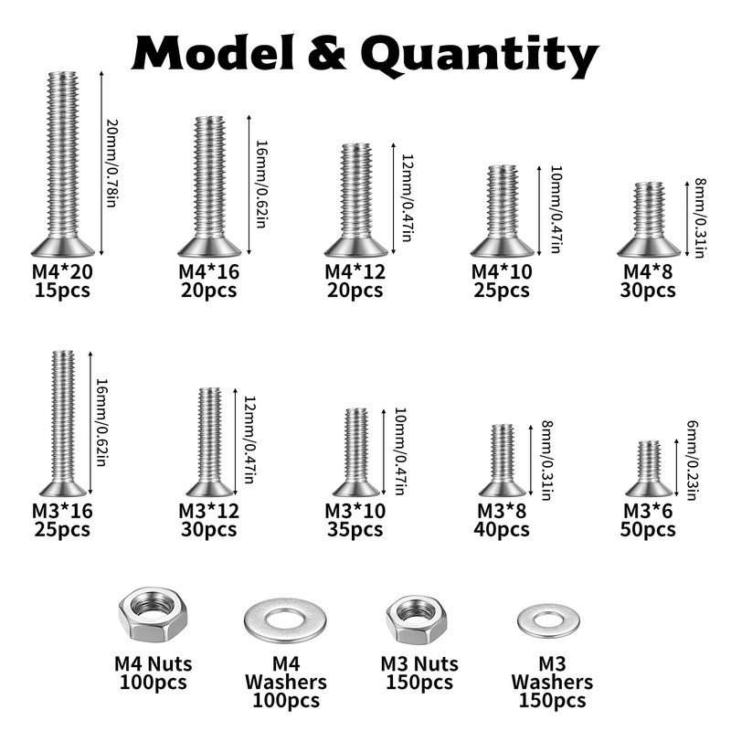 790 Piece M3 M4 Screws Set, Countersunk Screws Nuts Set,