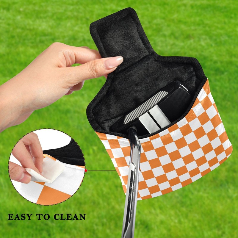 Checkered Plaid Orange Print Putter Cover PU Leather Magnetic Blade