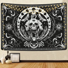 Krelymics Skull Tapestry Black and White Tapestries Snake Tapestry Moth Tapestry Trippy Skeleton Tapestry Mandala Moon Phase Tapestry Wall Hanging for Room(71 x 93 inches)