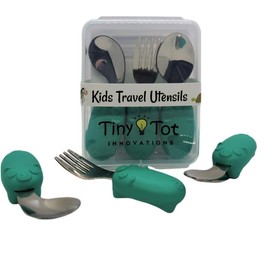 Kids Travel Utensil Set with Convenient Carrying Case. Include Fork, Universal Spoon, & Ergonomic Right Handed Spoon. Easy grip handles, 304 stainless utensils, feet to keep the utensils off surfaces.