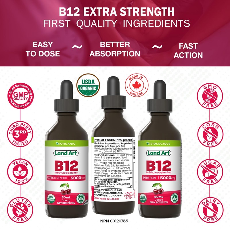 Certified Organic Vitamin B12 5000mcg Drops, Methylcobalamin, 50 Servings –