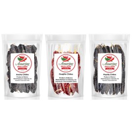 Dried Chile Peppers Variety Pack (15 oz Total) - Ancho, Guajillo, Pasilla Chiles – Staple for Mexican Recipes - Moles, Salsa, Sauces, Stews, Tamales By Amazing Chiles and Spices