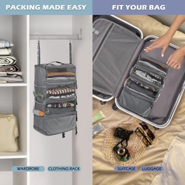 Surblue Travel Hanging Luggage Organizer Portable Suitcase Closet Organizer Multiple Compartments Collapsible Compression Packing Cubes Shelf, LightGray, S